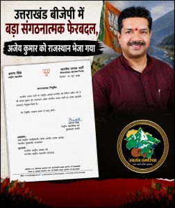 उत्तराखंड बीजेपी में बड़ा संगठनात्मक फेरबदल, अजेय कुमार को राजस्थान भेजा गया